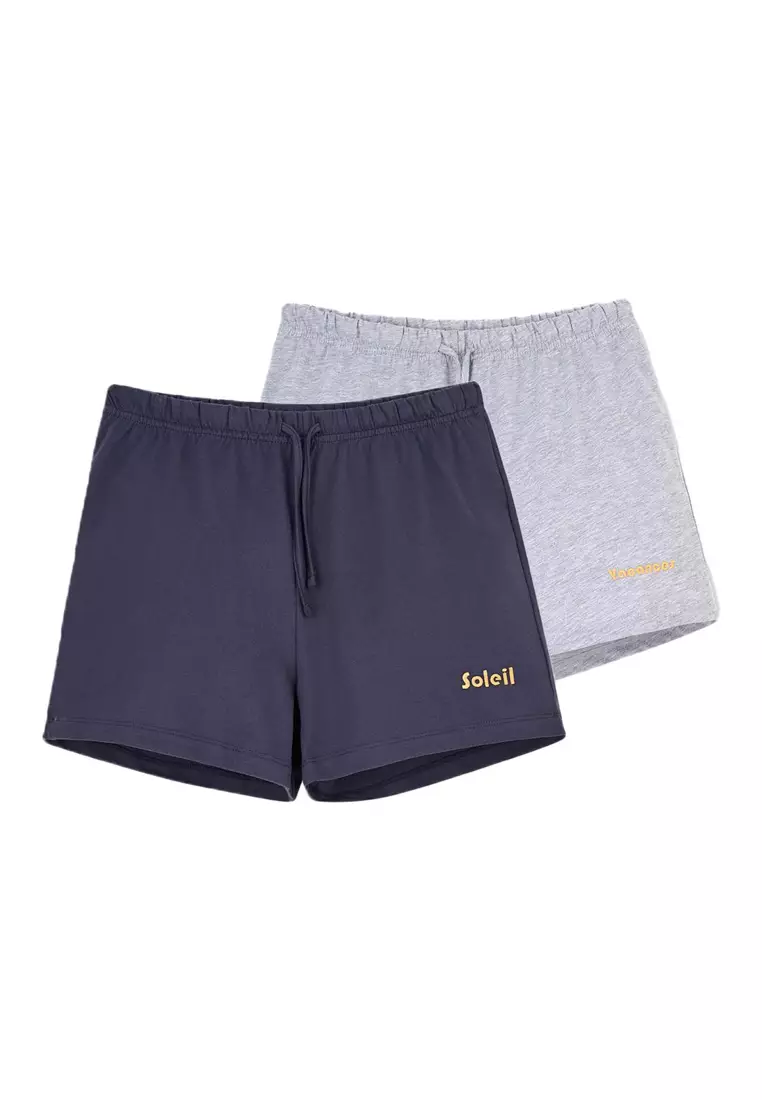 DAGİ 2-Pack Grey Melange-Navy Shorts, Slogan Printed, Regular, Short Leg, Sleepwear for Women